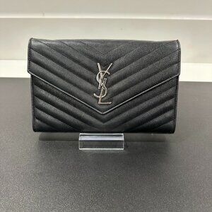 YSL Cassandre Chain Wallet in Grain de Poudre Black Leather (JB1416)